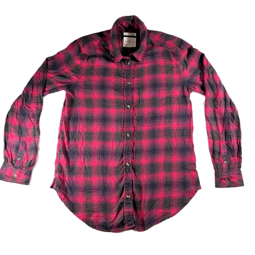 American Eagle Outfitters Button Flannel Shirt Woman S Boyfriend Fit Pink Black